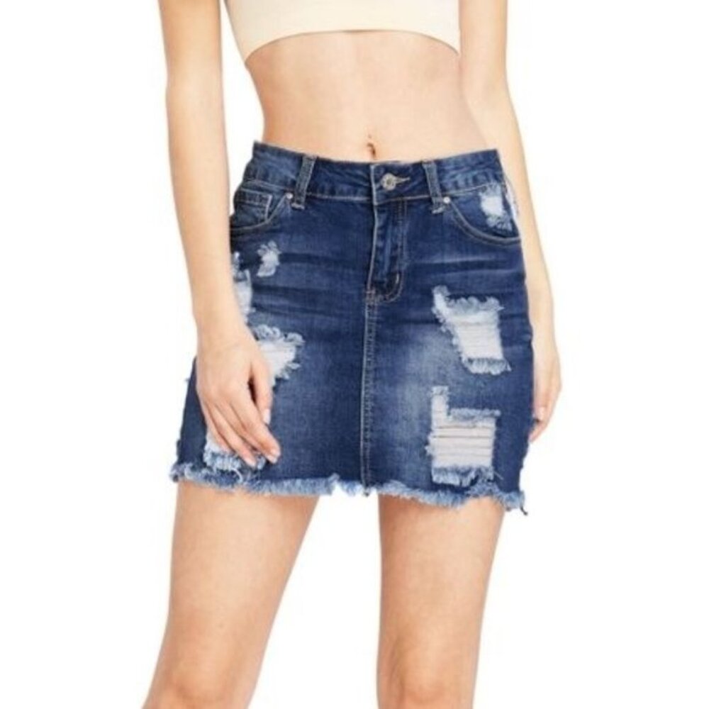 Wax Jean Distressed Denim Frayed Hem Mini Skirt in Blue - Size S (Juniors)